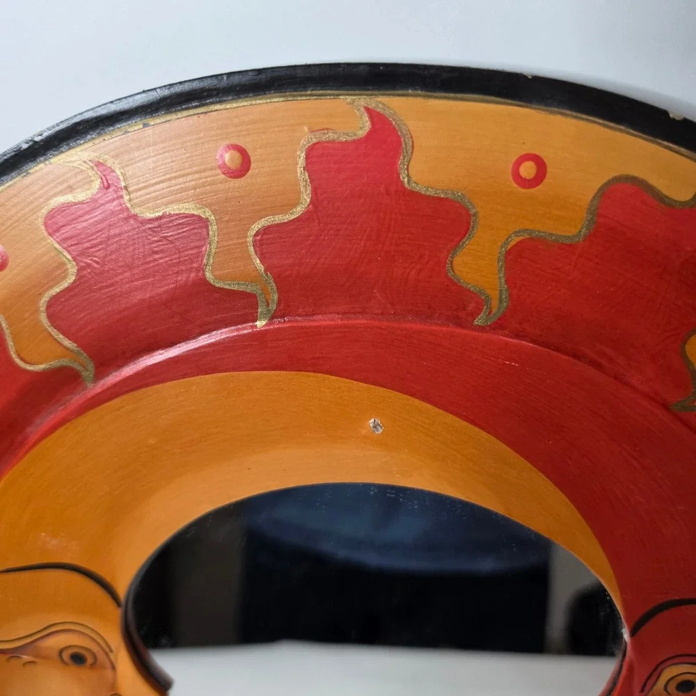 VTG 90s Celestial Sun Moon Wood Mirror Large 16.5 Hand Painted Bohemian Wall Art